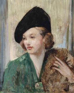 William Lee-Hankey, R.W.S., R.I., R.O.I. - Portrait of a woman in a green dress with a fur stole and black hat