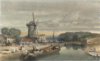 William Leighton Leitch, R.I. - Figures loading a barge before a windmill (illustrated); and A Border castle