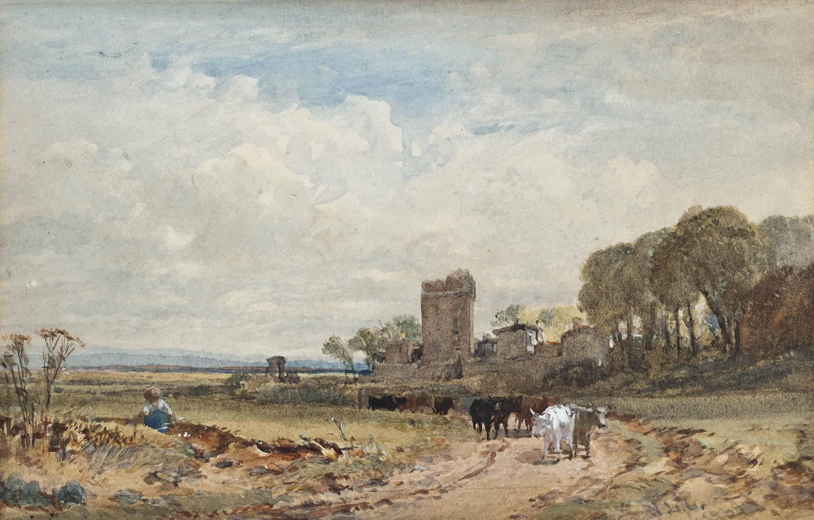 William Leighton Leitch - Cattle On A Country Track Before A Ruined Tower (Illustrated); A Drover And Cattle Before A Ruined Castle At Dusk; And Figures Walking On A Country Lane Before A Tower