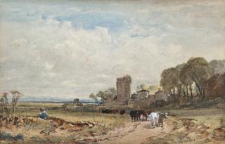 William Leighton Leitch - Cattle On A Country Track Before A Ruined Tower (Illustrated); A Drover And Cattle Before A Ruined Castle At Dusk; And Figures Walking On A Country Lane Before A Tower