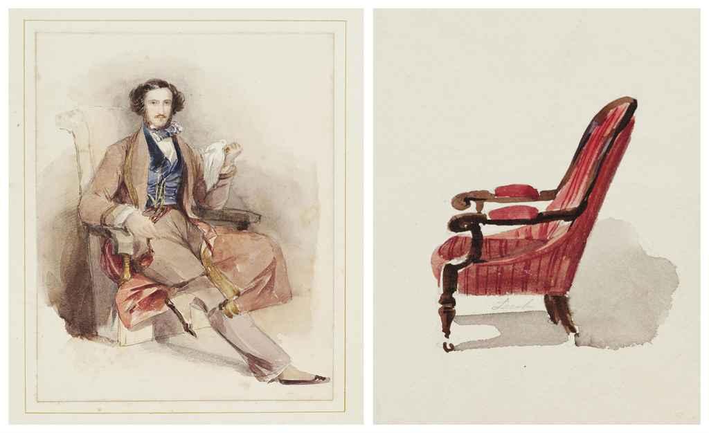 William Leighton Leitch - Portrait of a gentleman, seated full-length in a red smoking jacket; together with a Study of a chair