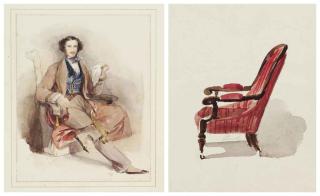 William Leighton Leitch - Portrait of a gentleman, seated full-length in a red smoking jacket; together with a Study of a chair