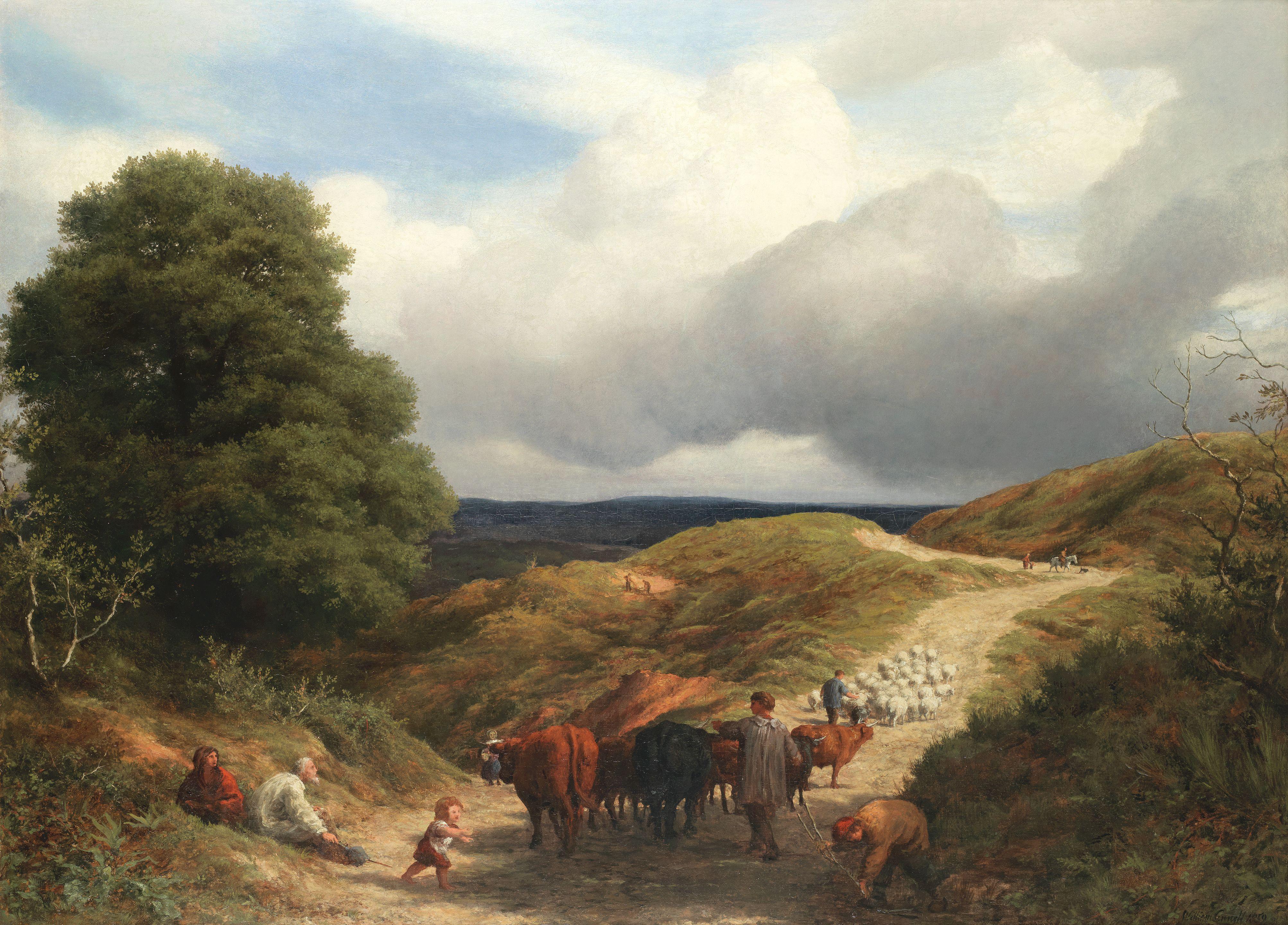William Linnell - Undulating landscape with livestock being driven along a path