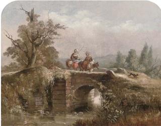 William Linton, R.B.A. - Figures Crossing A Bridge