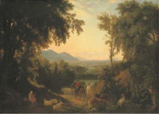 William Linton - An Italianate Landscape, With Peasants And Livestock In The Foreground