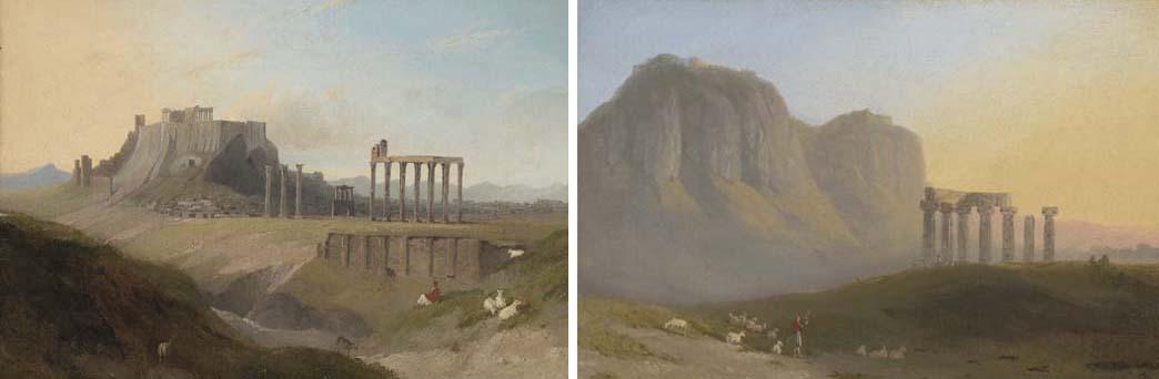 William Linton - View Of The Temple Of Apollo At Corinth With Acro-Corinth Beyond A Shepherd With His Flock In The Foreground; And View Of The Acropolis, Athens, With A Shepherd And His Flock In The Foreground