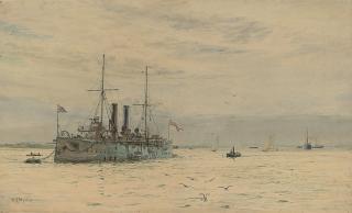 William Lionel Wyllie, R.A. - A Royal Navy armoured-cruiser lying on her mooring
