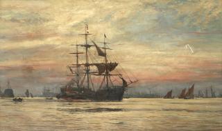 William Lionel Wyllie, R.A. - A Ship Recieving A Pilot Through Busy Thames Waters