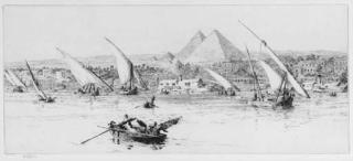 William Lionel Wyllie, R.A. - Feluccas on the Nile, the Pyramids beyond