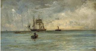 William Lionel Wyllie, R.A. - Lightening splitting the sky over a barque and her attendant tug