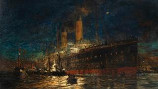 William Lionel Wyllie, R.A. - The White Star liner Oceanic (II) lying at anchor and loading coal late at night ahead of an early departure the following morning