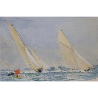 William Lionel Wyllie R.A. - The Wyllie Family On The Beach Wimvaux, Northern France; The Artist\'S Sons On The Lawn, Hoo Lodge, Kent In Winter; And A Yacht Race