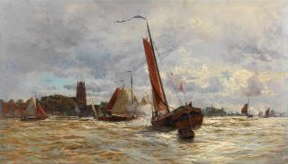 William Lionel Wyllie, RA - Boats on the river near Dordrecht