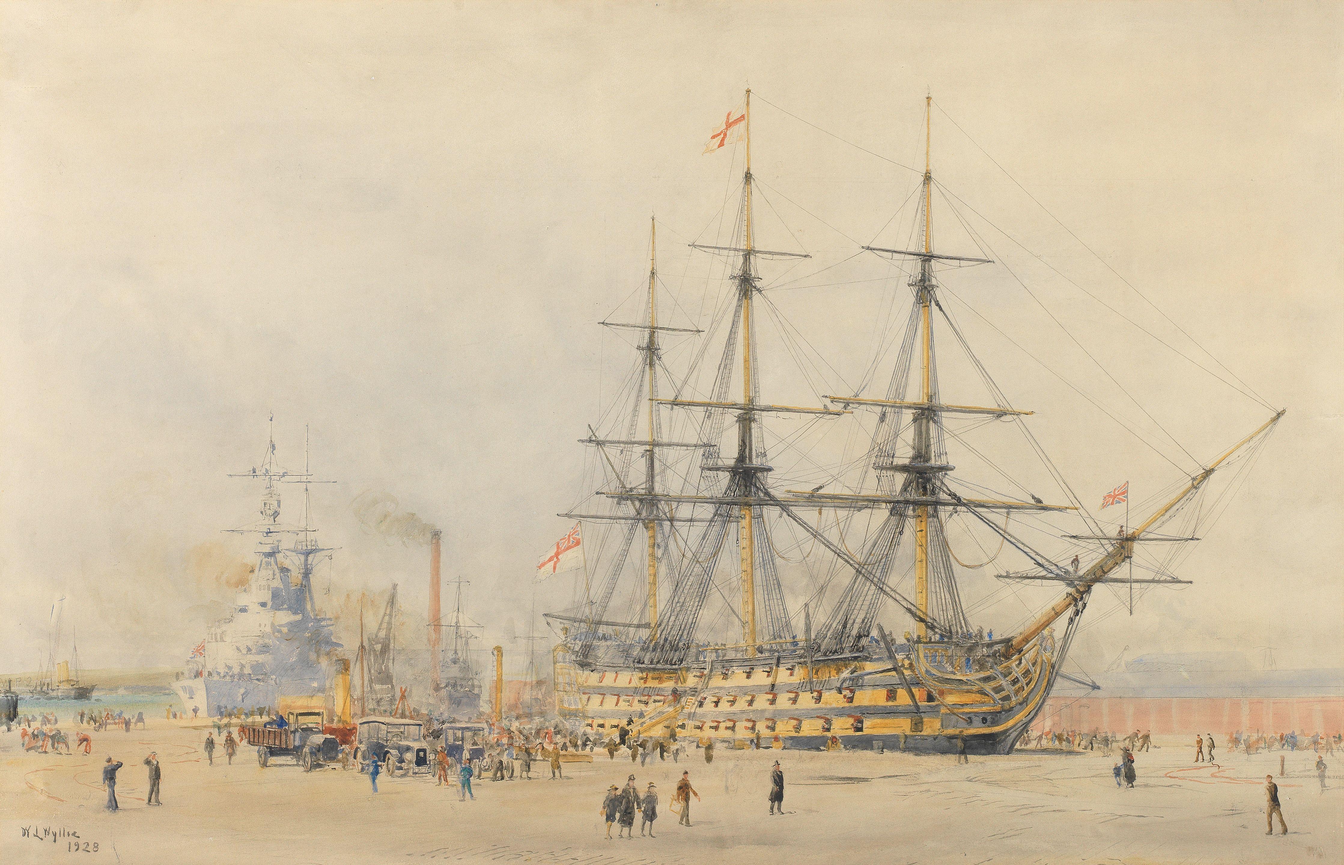 William Lionel Wyllie, RA - HMS Victory, newly restored, with visitors alongside her dry dock at Portsmouth preparing to aboard