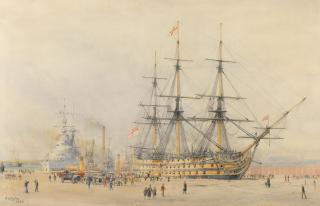 William Lionel Wyllie, RA - HMS Victory, newly restored, with visitors alongside her dry dock at Portsmouth preparing to aboard