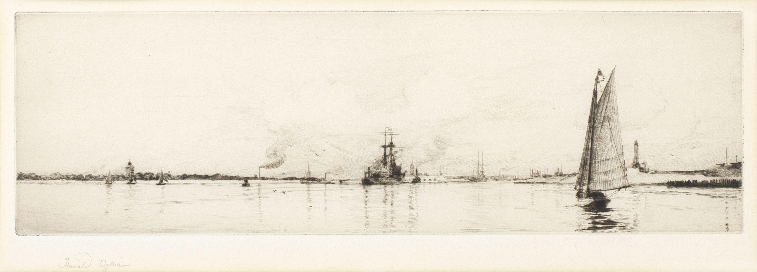 William Lionel Wyllie, RA - Three marine etchings including \'Early Submarines off Gosport\' 20 x 40.6cm (7 7/8 x 16in) (PL) (and smaller) (4)