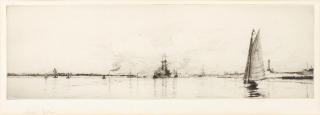 William Lionel Wyllie, RA - Three marine etchings including \'Early Submarines off Gosport\' 20 x 40.6cm (7 7/8 x 16in) (PL) (and smaller) (4)