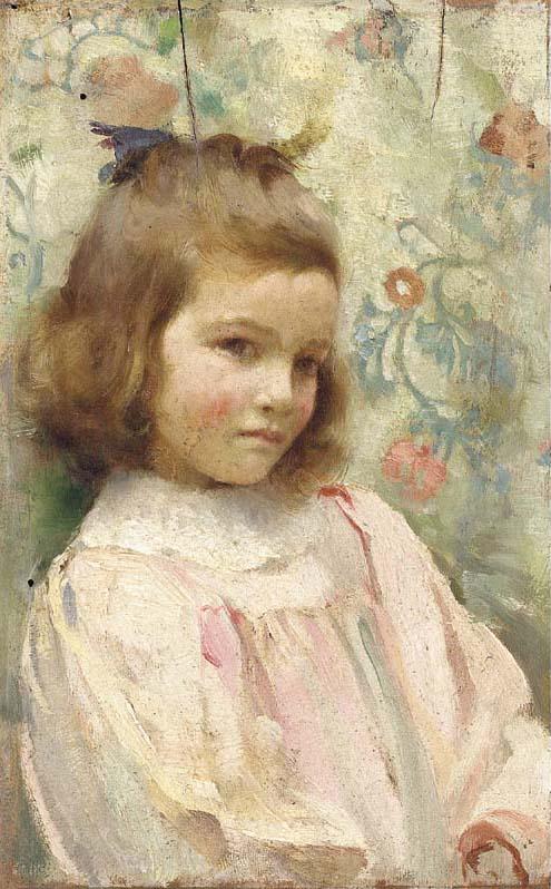 William Logsdail - Portrait of a young girl, half-length, in a pink dress