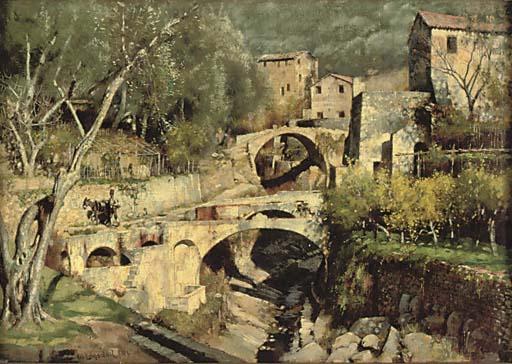 William Logsdail - View of a Mediterranean village with bridges and a villager with his donkey
