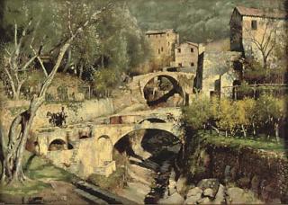 William Logsdail - View of a Mediterranean village with bridges and a villager with his donkey