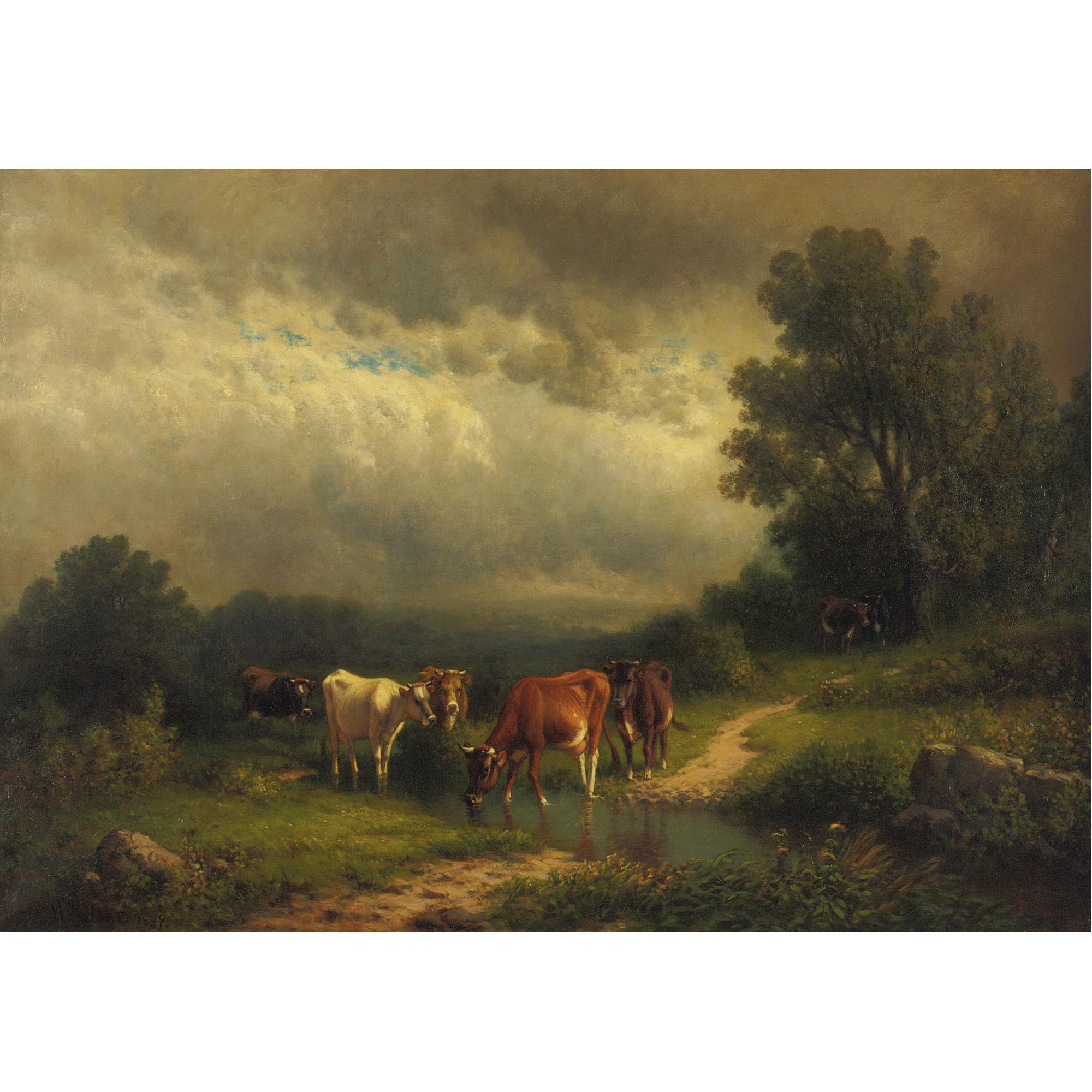 William M. Hart - Cows By A Stream