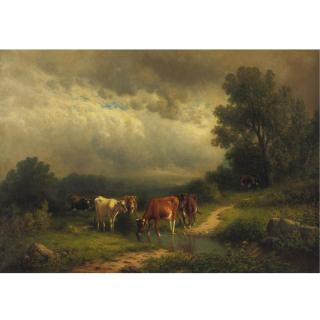 William M. Hart - Cows By A Stream