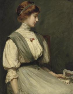 William Mainwaring Palin, R.B.A. - Portrait of Nora Allen, seated half-length, reading a book