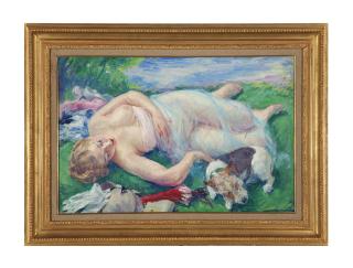 William Malherbe - Reclining nude with her dog