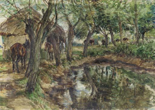 William Mark Fisher, R.A., R.I. - Ponies By A Farmyard Pond