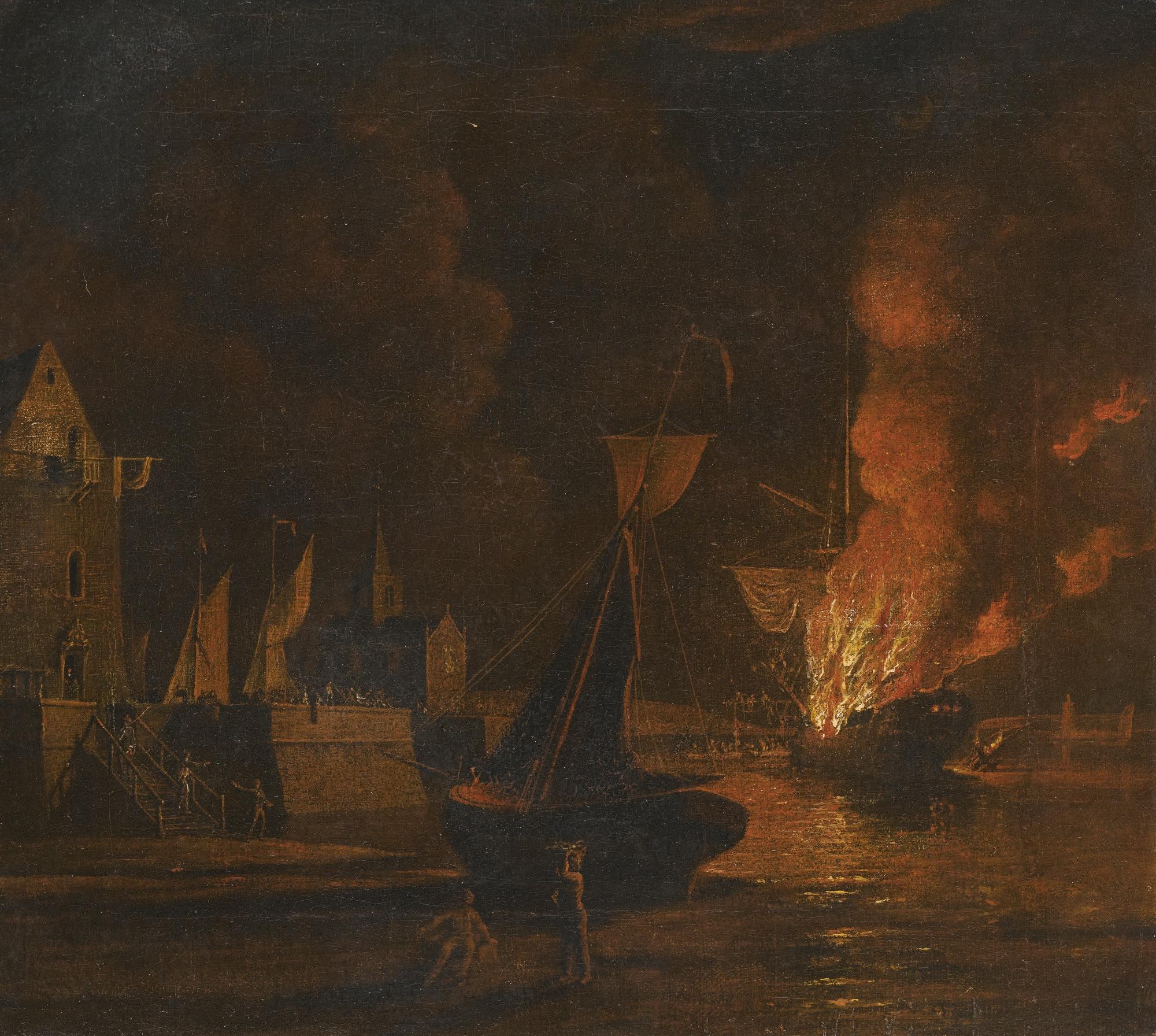 William Marlow - A Ship Ablaze At Night In A Town Harbour