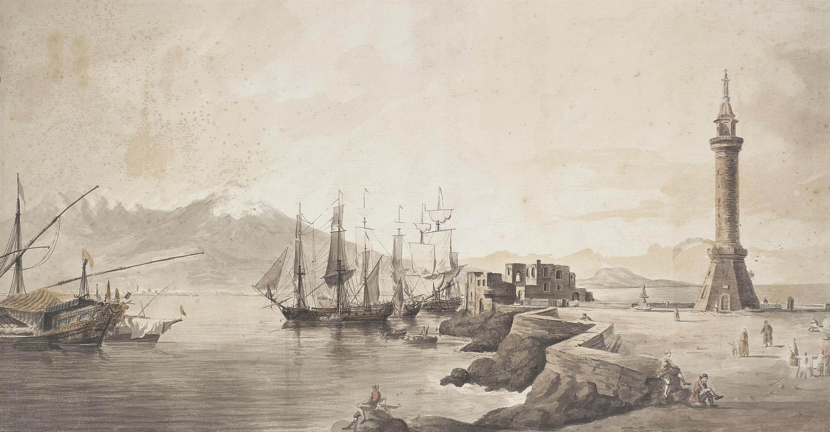 William Marlow - Shipping in the Bay of Naples with the old Molo, Vesuvius beyond