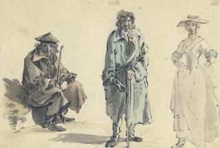 William Marlow - Three Figure Studies Of An Elegant Lady And Two Gentleman, One Wearing A Greatcoat