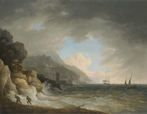 William Marlow - View Of A Bay Near Terracina With Figures And Shipping In Choppy Seas