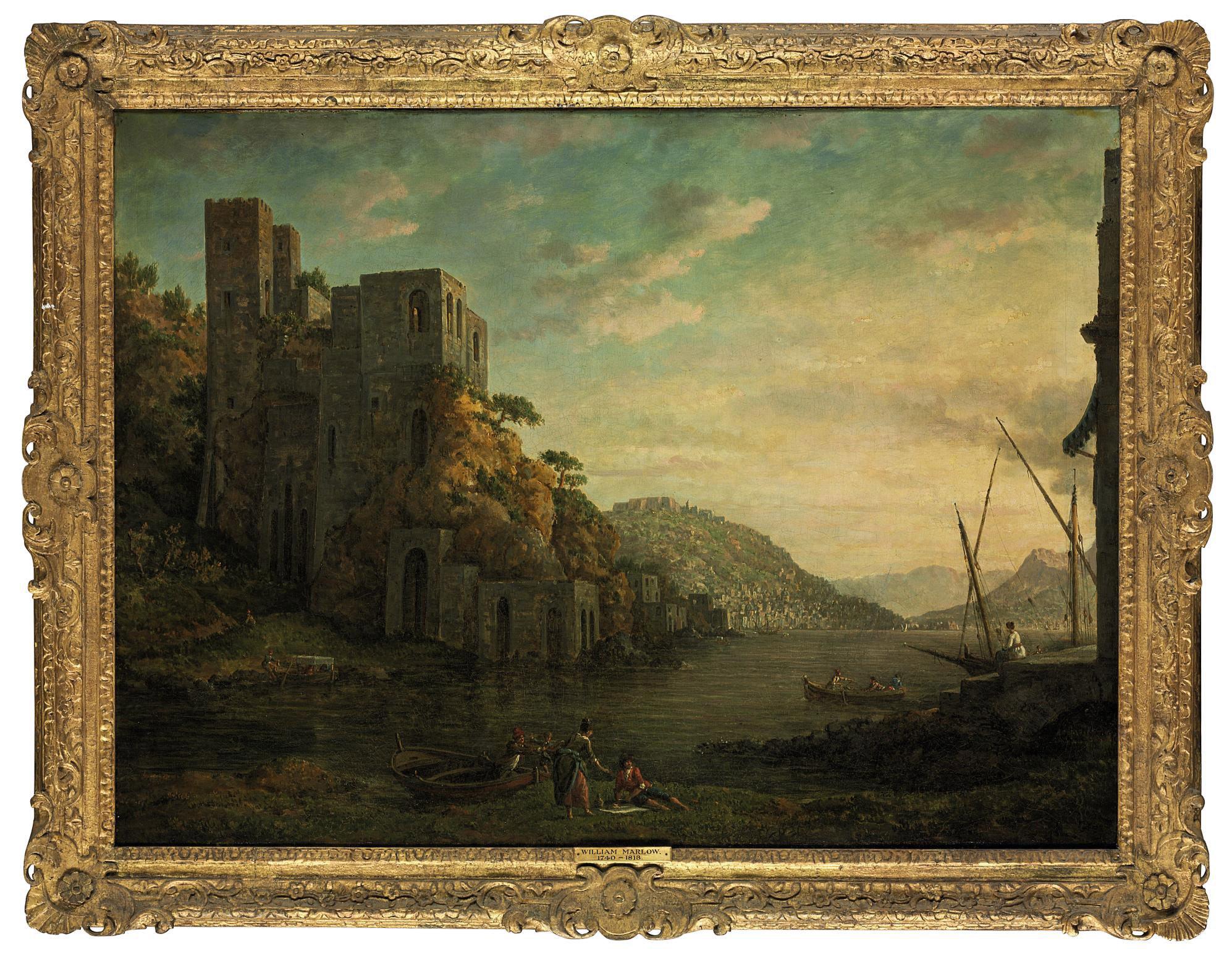 William Marlow - View of the coast near Naples, with figures in rowing boats in the foreground