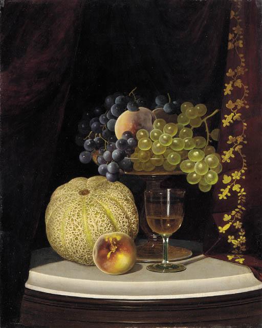 William Mason Brown - Still Life With Melon, Peach, Fruit-Filled Compote And Glass Of Wine On A Marble Table Top