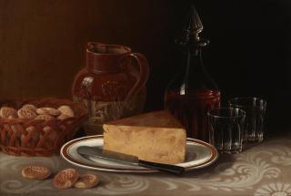 William Mason - A still life with cognac, pitcher, a wedge of cheese and biscuits