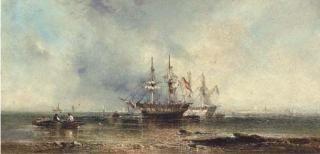 William Mcalpine - Trading brigs unloading at low tide; and Shipping at the harbour mouth