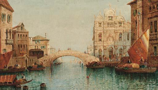 William Meadows - Vessels on a venetian canal by a bridge, a capriccio