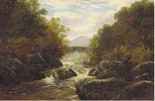 William Mellor - A figure on a bridge in a rocky river landscape