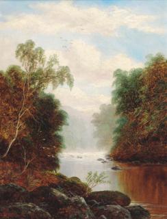 William Mellor - A tranquil wooded river landscape; and A waterfall in a wooded landscape