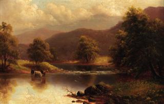 William Mellor - Cattle watering in a tranquil river landscape
