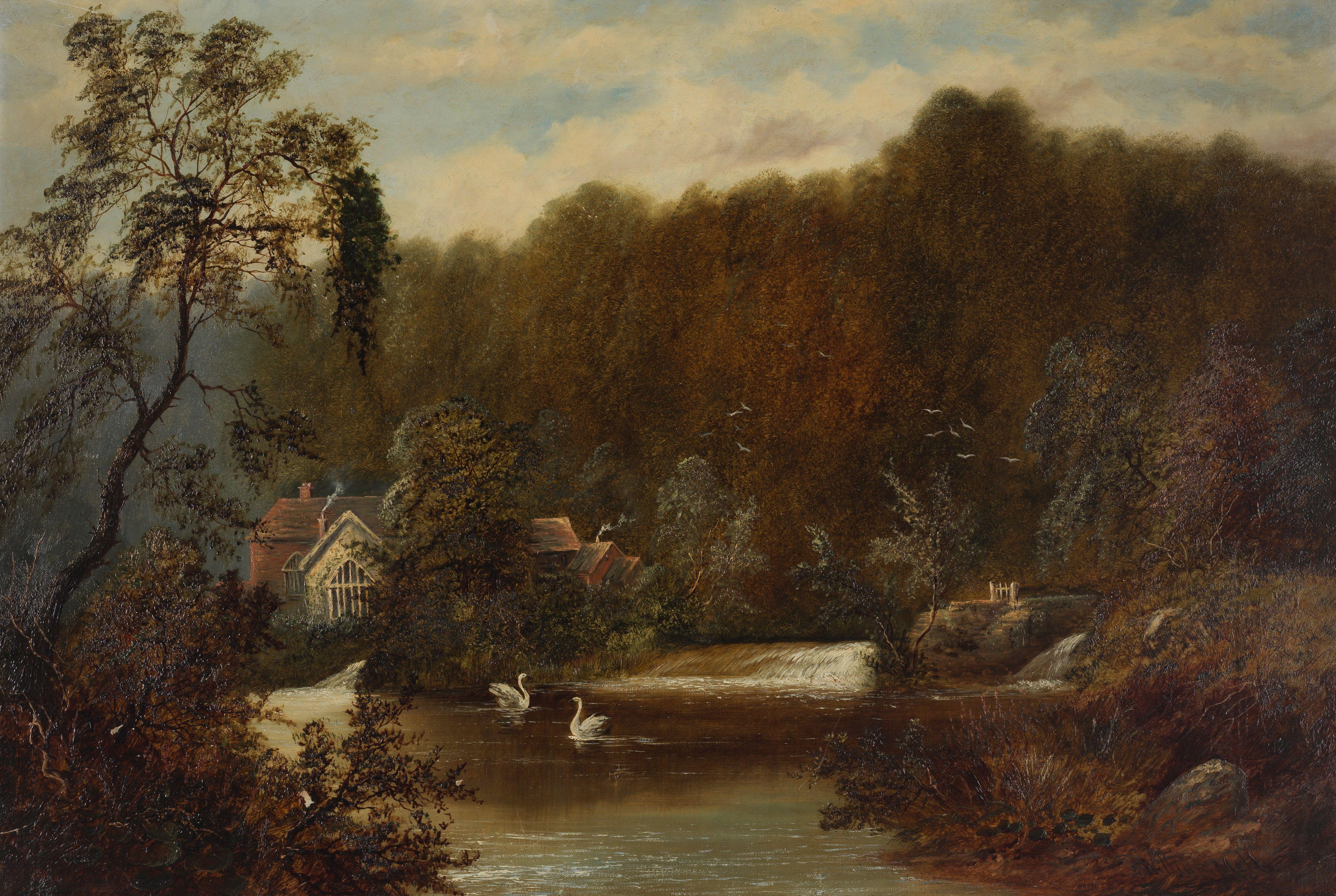 William Mellor - Two swans on a lake, outside a cottage