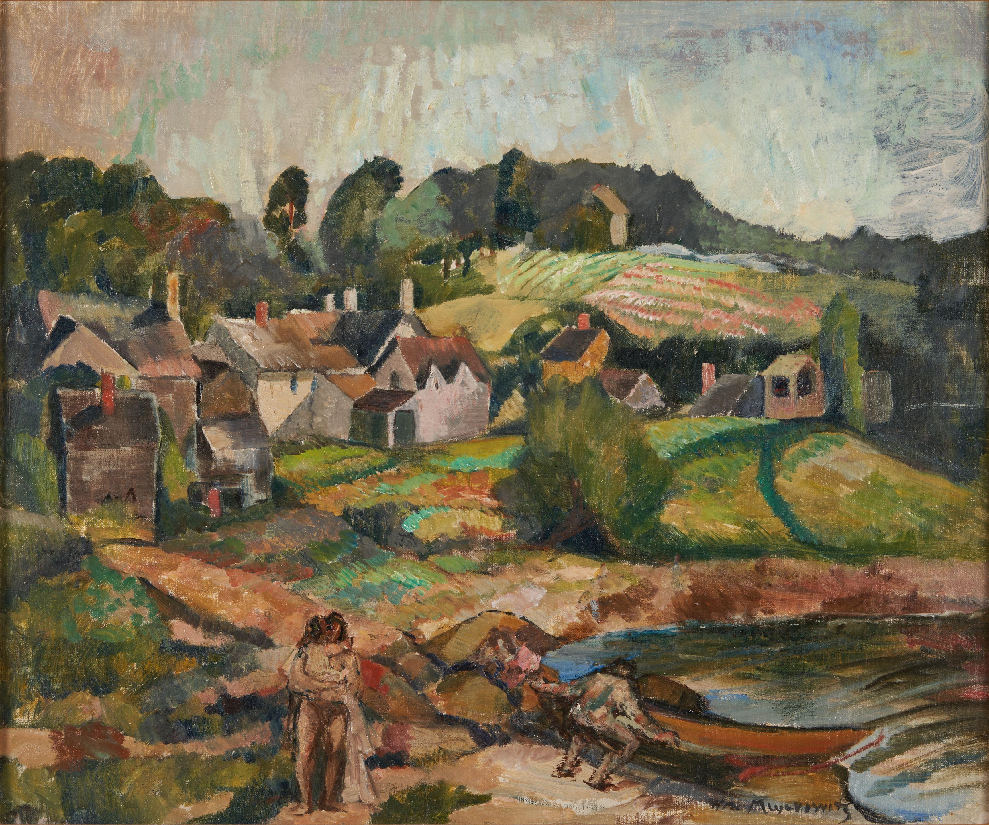 William Meyerowitz - A Village Landscape with Figures Pushing a Canoe into the Water