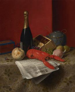 William Michael Harnett - Lobster, Fruit, Champagne and Newspaper