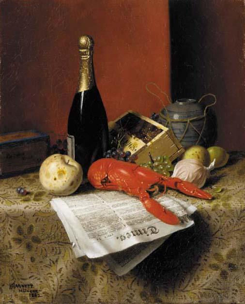 William Michael Harnett - Still Life with Lobster, Fruit, Champagne and Newspaper