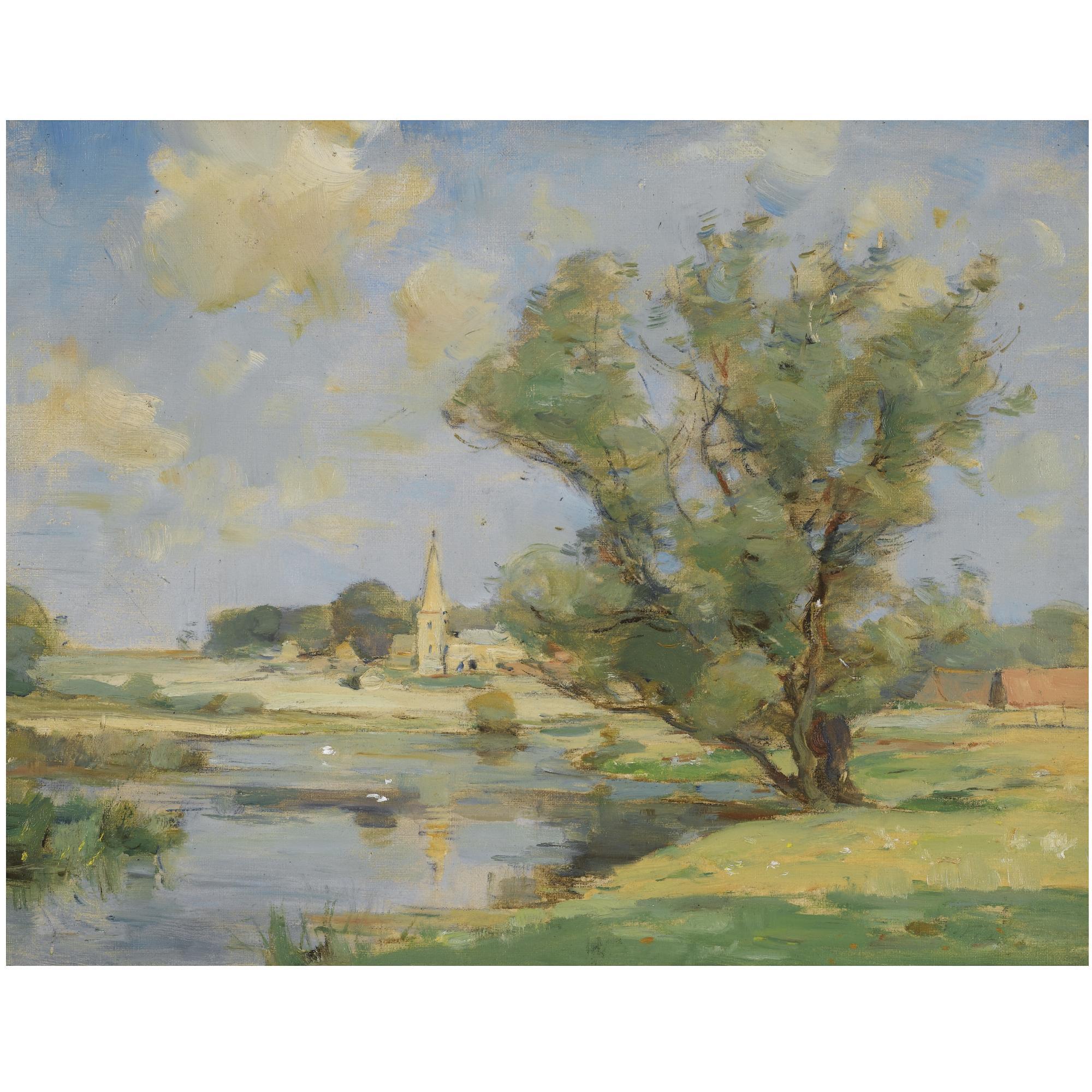 William Miller Frazer, R.S.A. - Morning On The Nene, Wansford; A Church On The Nene