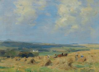 William Miller Frazer, RSA - Harvest time in East Lothian, looking towards Bass Rock