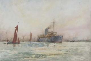 William Minshall Birchall - The P. & O. liner Morea leaving Tilbury, 1928
