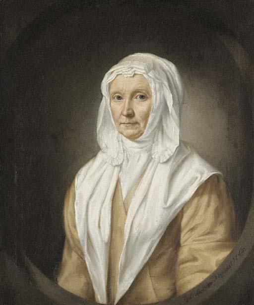 William Mosman - Portrait of a lady, half-length, in a yellow dress and a white shawl, feigned oval