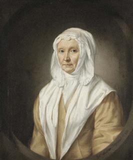 William Mosman - Portrait of a lady, half-length, in a yellow dress and a white shawl, feigned oval